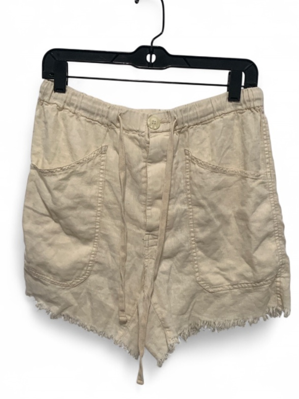 Free People Cream Relaxed Drawstring Frayed-Hem High Rise Shorts
